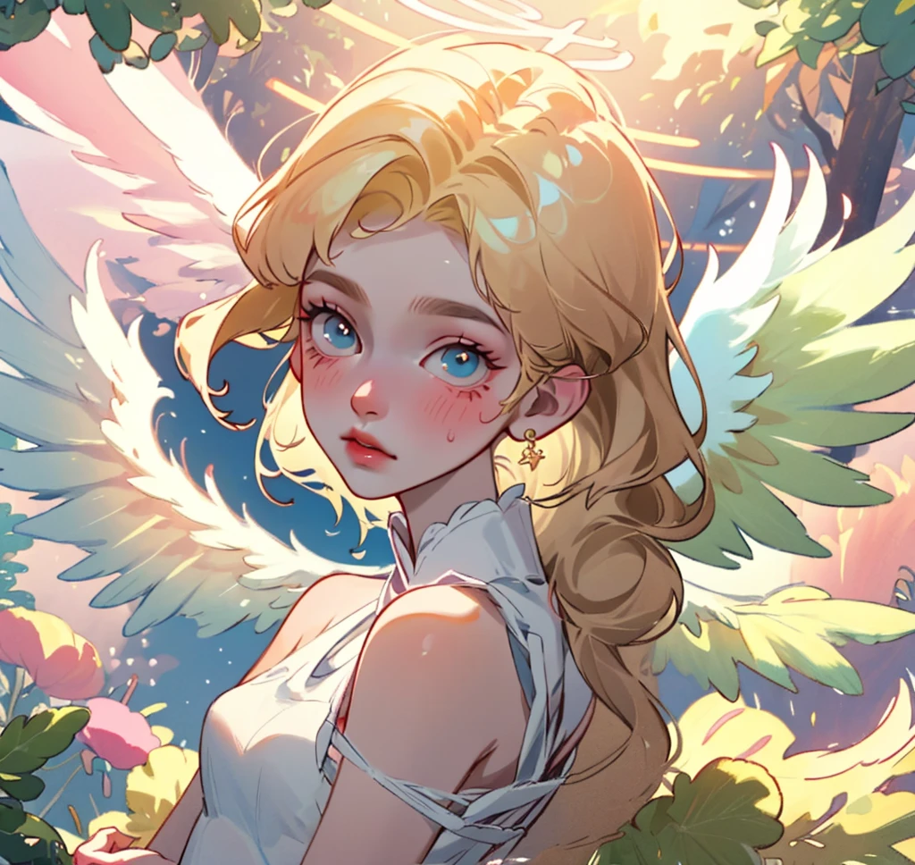 (High quality) (best quality) (A woman) (correct physiognomy) woman, long blonde hair with bangs on her forehead, four small angel wings emerge from her head, two on the left side and two on the right side, two wings of angel emerging from her back, a golden halo behind her head, golden eyes, sensitive lips, feminine appearance, soft facial features, thin eyebrows, soft skin, slightly blushed cheeks, pink lips, silky eyelashes, dreamy expression, middle age , white dress with straps on the shoulders, skirt cut diagonally leaving one leg exposed, location of the photo the woman must be in the middle of the forest, photo illuminated by sunlight, full body proportion, showing in the photo the body from head to torso