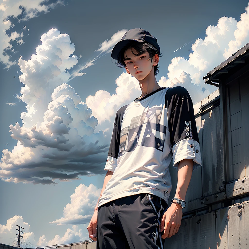 ((premium、8k、32K、masterpiece)), (Ultra-thin illustration)、Ultra-high resolution, (( 21-year-old young man:1.5))、(Japanese), Shorts、Black Hair, ,Wear a hat,Casual clothing, (Looking up at the sky)、 Sky with clouds, afternoon, Lo-Fi, Camera from below、Complex streetscape background、