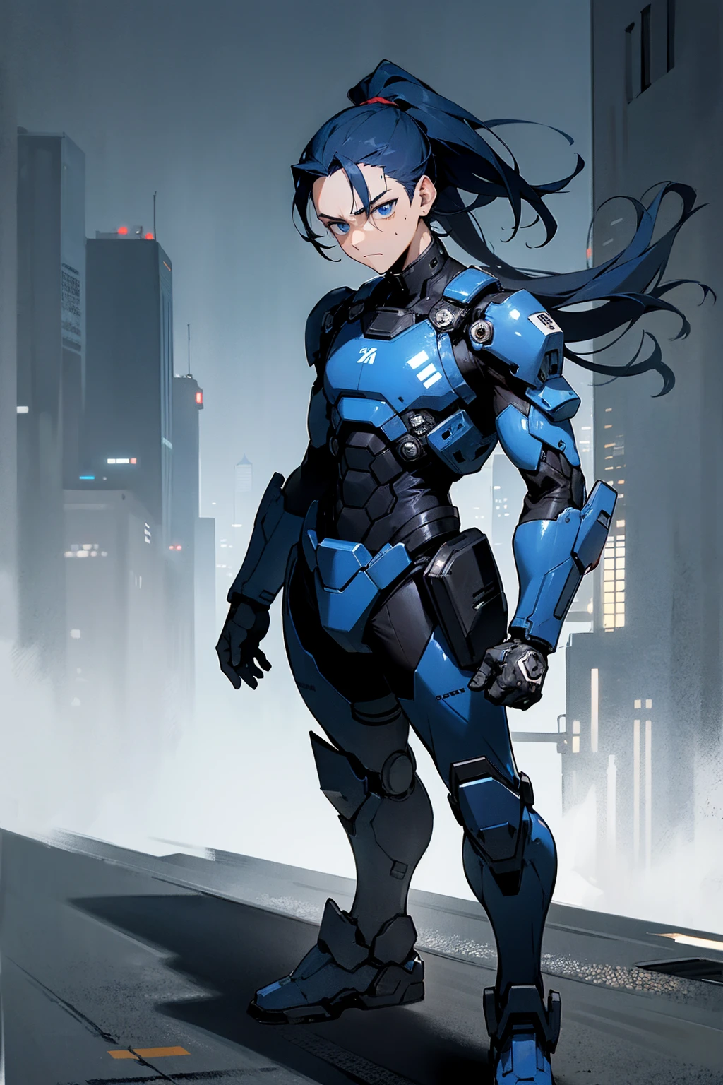 1male, man, dark blue hair, short man ponytail, scruffed hair, deep blue eyes, expressionless, black and white combat suit, city background, detailed background, hands to side, standing on path
