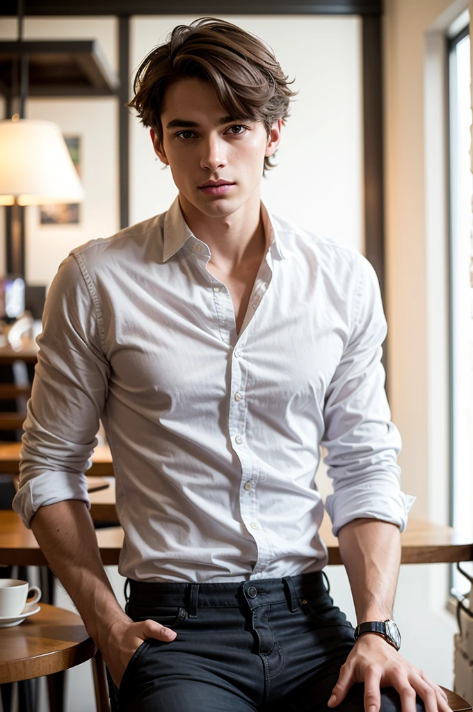 (best quality, masterpiece:1.2), high-resolution, beautiful and handsome boy, dark brown short hair, wearing a black V-neck shirt and white long pants:1.5, sitting on a bench, looking at the viewer, at night, in the park