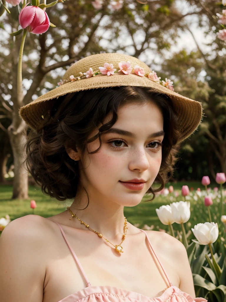Masterpiece, Best quality, high resolution, realistic , hyperrealism , lifelike photography ,1950s, portrait position, alluring beautiful portrait art, (curly black hair, brown cat-shaped eyes), white skin with freckles, beautiful pink flower hat, beautiful period dress with flower embroidery and details , beautiful golden necklaces & bracelets, elegant bearing, beautiful landscape background of a tulip garden, high budget , beautiful mesmerizing face and small nose, long and curly sparkling hair , hold a beautiful orange stray cat ,