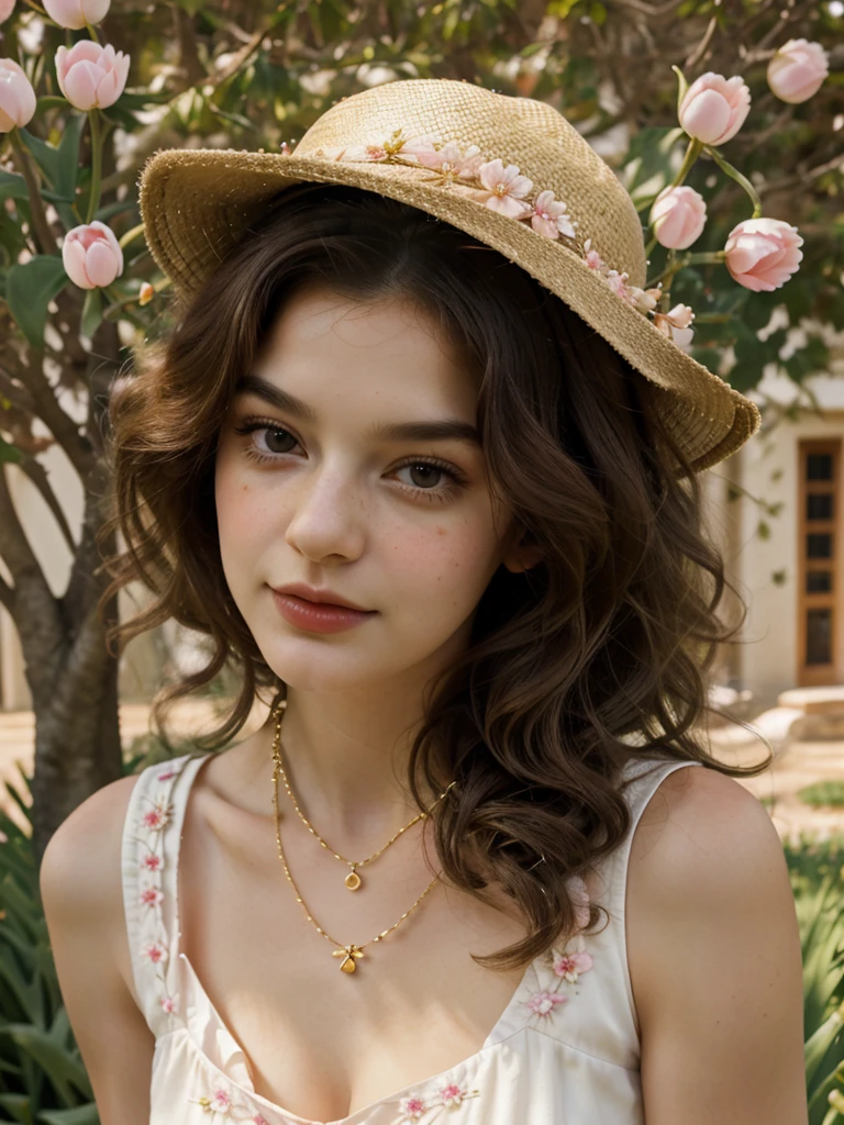 Masterpiece, Best quality, high resolution, realistic , hyperrealism , lifelike photography ,1950s, portrait position, alluring beautiful portrait art, (curly black hair, brown cat-shaped eyes), white skin with freckles, beautiful pink flower hat, beautiful period dress with flower embroidery and details , beautiful golden necklaces & bracelets, elegant bearing, beautiful landscape background of a tulip garden, high budget , beautiful mesmerizing face and small nose, long and curly sparkling hair , hold a beautiful orange stray cat ,
