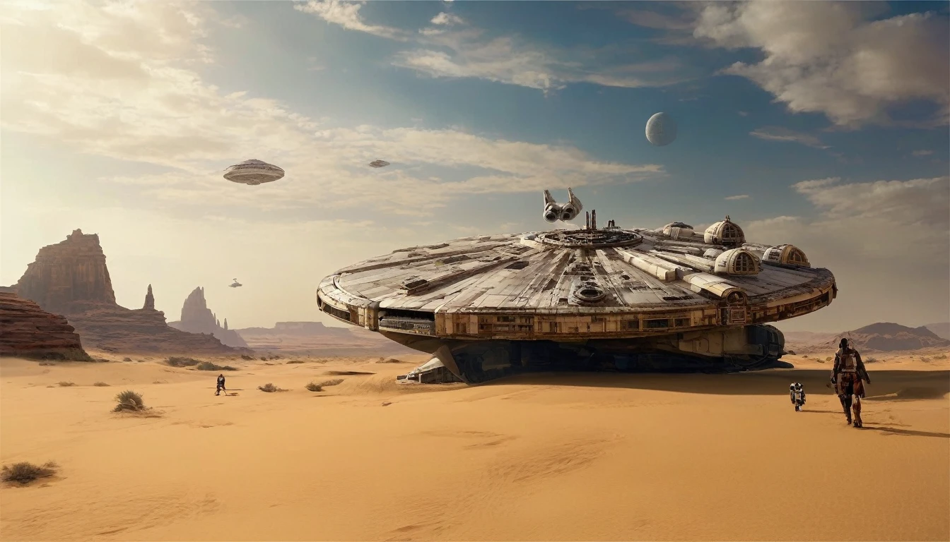 “In a desert landscape beneath a vast sky, towering rock formations rise. The iconic Star Wars Millennium Falcon flies overhead. In the foreground, a large, futuristic bus-like vehicle is parked on the sandy terrain. Saturn-like rings adorn the sky, adding a surreal touch. Include the ‘Star Wars,Camera angle: The camera is positioned at a slightly upward angle, capturing the grandeur of the rock formations and the vastness of the sky. Lighting: The sun is setting, creating warm, golden light that bathes the landscape. Shadows cast by the rocks are elongated. Millennium Falcon details: The Millennium Falcon is flying toward the horizon, with its rear thrusters emitting a characteristic blue glow. Details like laser cannons and the ship’s panels should be visible. Futuristic vehicle: The vehicle parked in the foreground has large windows and an aerodynamic design. It may have retractable wheels or float slightly above the ground. Saturn-like rings: The translucent rings resembling those of Saturn extend across the sky, creating a magical effect. Sand texture: The desert sand has a granulated texture, with small dunes formed by the wind.hyper realistic composition,32k resolution,cinematic composition,cinematic color grading.photography whit Phaseone 35mm.