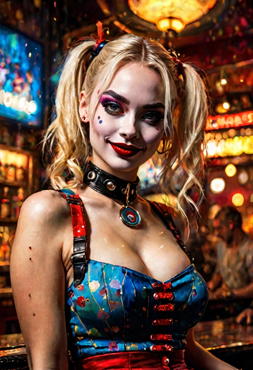 Harley Quinn, young, god, 1 young woman、Blonde、Hot Dance、Happy face、dancer、Deep shadows、Oil painting style、Jazz bar background、 Dramatic Lighting, Extremely true, 8k, Crazy details, Wheel within wheel, Bokeh, Shot with a 60mm lens, ISO 300, F/4, 1/200th, Vibrant colors, Pino Deheny, Vincent Van Gogh, Luis Royo, Frank Frazetta