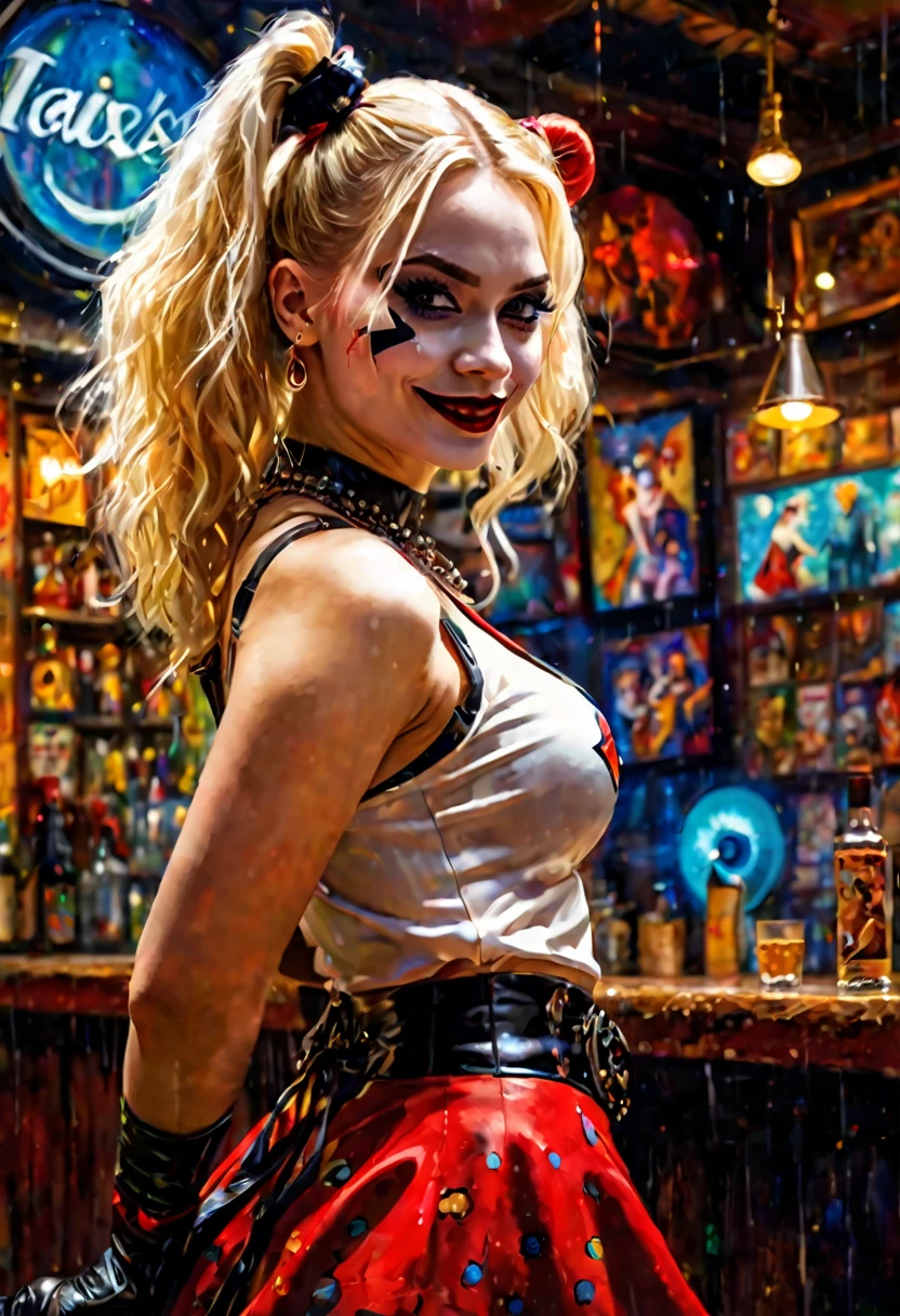 Harley Quinn, young, god, 1 young woman、Blonde、Hot Dance、Happy face、dancer、Deep shadows、Oil painting style、Jazz bar background、 Dramatic Lighting, Extremely true, 8k, Crazy details, Wheel within wheel, Bokeh, Shot with a 60mm lens, ISO 300, F/4, 1/200th, Vibrant colors, Pino Deheny, Vincent Van Gogh, Luis Royo, Frank Frazetta