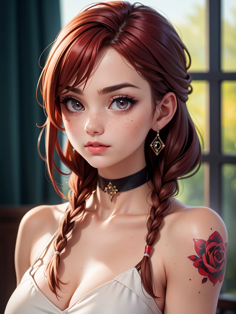 SFW,highest quality, anna from frozen, backlighting,black choker,blurry background,blush,closed mouth,collarbone,earrings,forehead,freckles,hair over shoulder,jewelry,long hair,looking down,pointy nose,lips glossy,shadow,solo,thick eyebrows,thick eyelashes,upper body,red hair,braids,tattoos,tattoos on arms,black rose tattoos on neck,sun beams,warm light,cozy,((masterpiece)),