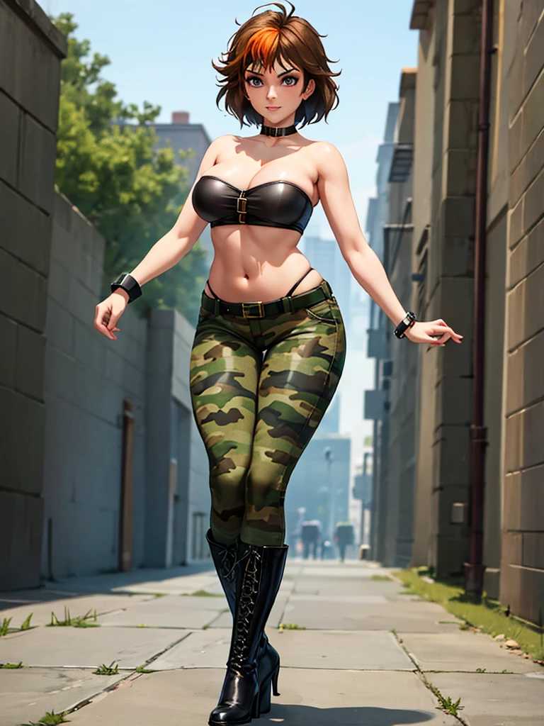 merula, full body, thighs, boots high heels, solo girl, medium tits, military camouflage pants, belly, top strapless