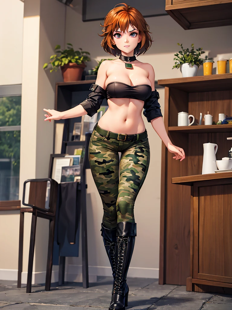 merula, full body, thighs, boots high heels, solo girl, medium tits, military camouflage pants, belly, top strapless