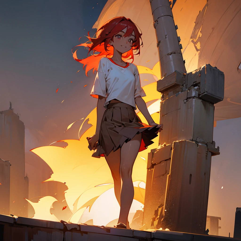 1female, young adult, tan skin, finely detailed ember eyes, straight medium hair, red hair, skirt, casual clothing, standing on ruined building, night time, happy expression