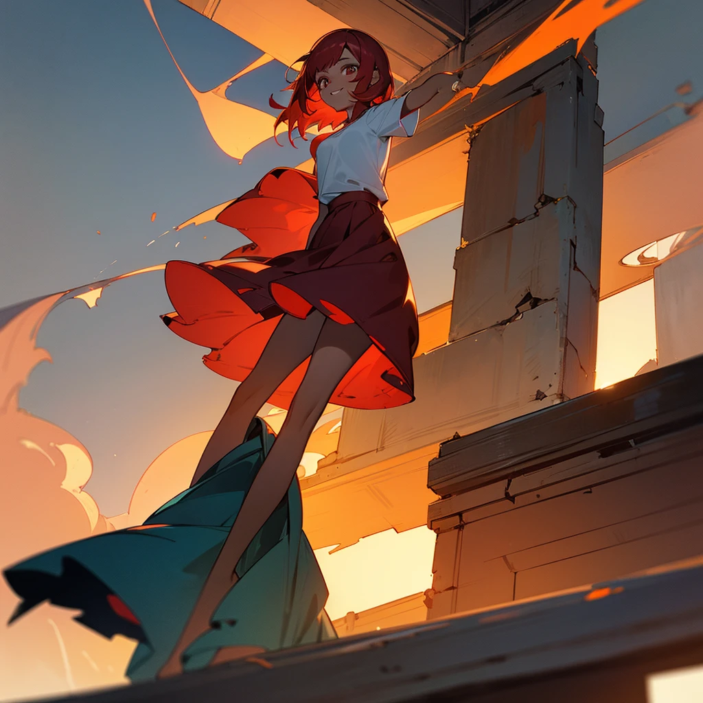 1female, young adult, tan skin, finely detailed ember eyes, straight medium hair, red hair, skirt, casual clothing, standing on ruined building, night time, happy expression
