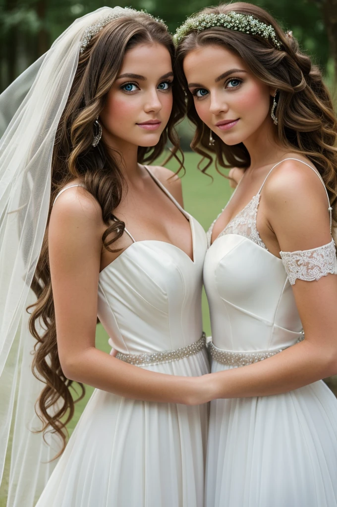 A brunette girl with curly brown hair and blue eyes dressed as a bride with her best friend Blonde, piel blanca, ojos verdes, abogada 