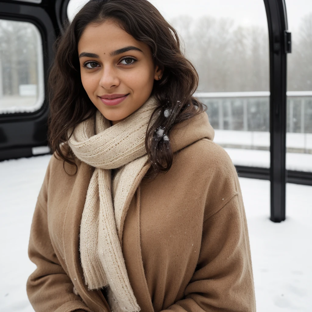 Young Indian mixed race Malagasy woman, shy, charming, black length hair, slightly curly, beautiful eyes, pretty natural eyebrows, 22 years old, oval and natural face, innocent, average size body with immense curve, extremely beautiful and perfectly fitted , height 1.85m. She is warmly dressed in an elegant sweater, a cozy coat and a trendy scarf. His smile radiates warmth and his eyes sparkle with joy. The snow falls gently around it, creating a magical and serene atmosphere. Photo taken in England in front of a routemaster. The image should be captured in high quality, high resolution, with extremely detailed background. The woman's skin should have pores and imperfections, which adds to the realism and authenticity of the photo. The lighting should be soft and flattering, highlighting the beauty of the woman and the snowy landscape. The photo should have a cinematic feel, with a sense of depth, dimension and composition.