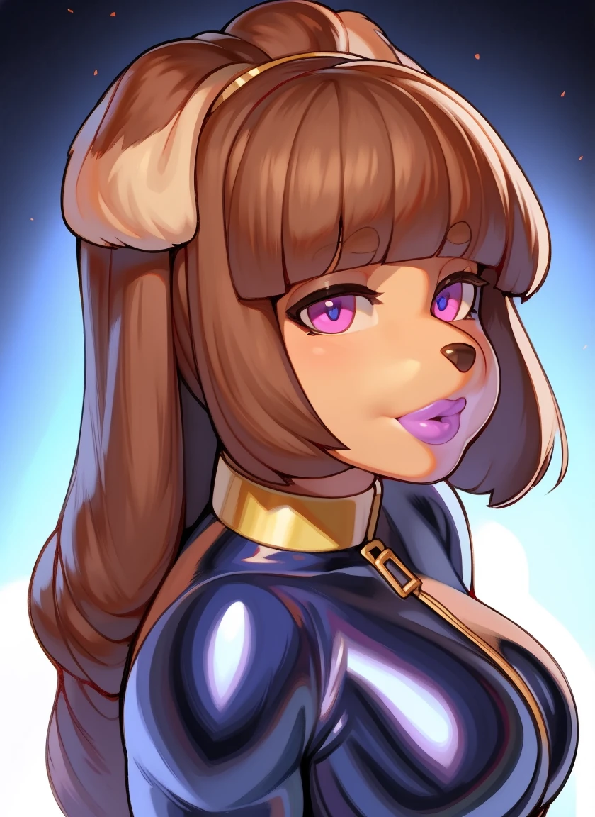 por por buta99, Por Chelodoy, por spikedmauler, por cervina7, Sozinho, female, standing, olhando para o espectador, ((Cabelo, focinho)), sorridente, lips, eyelash, delineador, Seios grandes, Decote, , light brown fur, olhos rosa, Sensual, long light brown Cabelo, magrelo, canino,domestic dog, wavy Cabelo, cintura pequena, coxas enormes, , olhos grandes, rosto fofo, kawaii, olhos kawaii, Tema rosa, latex jumpsuit, figura de ampulheta, Quadris enormes, coxas enormes, cintura fina, Sensual, olhar de nojo, cara de mal, huge lips