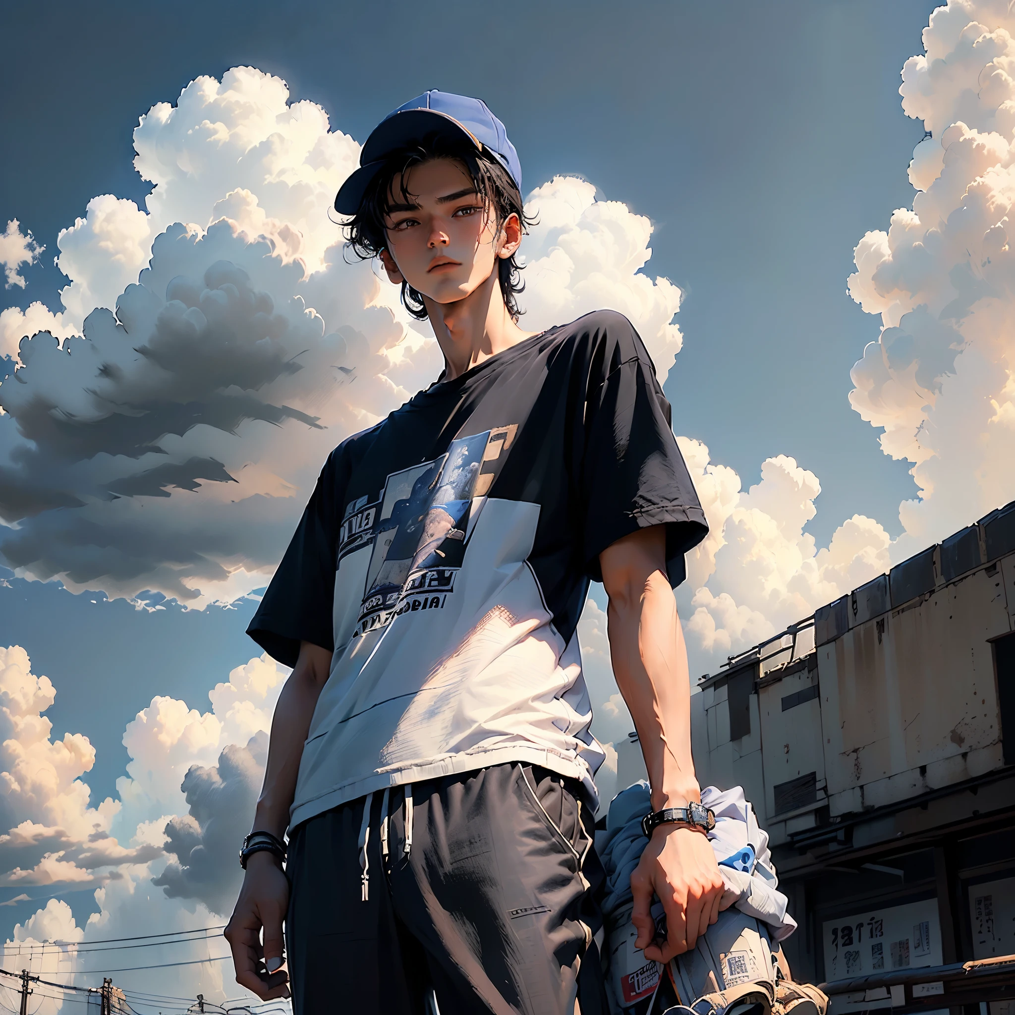 ((premium、8k、32K、masterpiece)), (Ultra-thin illustration)、Ultra-high resolution, (( 21-year-old young man:1.5))、(Japanese), Shorts、Black Hair, ,Wear a hat,Casual clothing, (Looking up at the sky)、 Sky with clouds, afternoon, Lo-Fi, Camera from below、Complex streetscape background、
