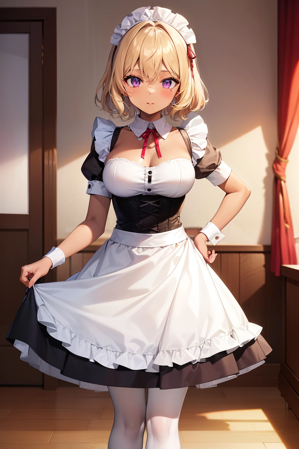 (Tabletop, Highest quality, Super detailed), One Girl, Purple eyes, Blonde Hair, Dark Skin, Short Hair、Perm Hair、((White Pantyhose))、(Bedroom)、((Maid clothes))、Long skirt、corset