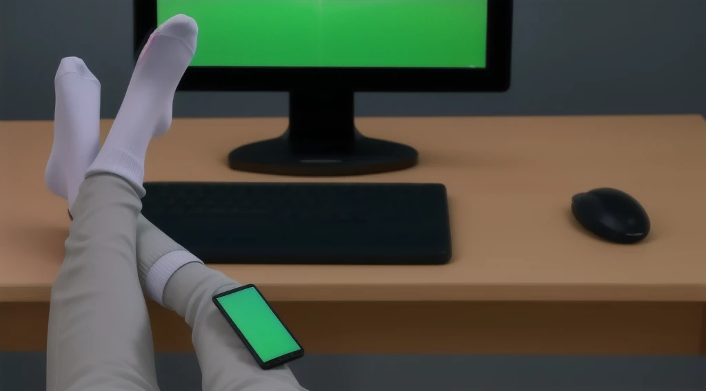 sitting in front of the computer, with cell phone on his leg, wearing only socks, gray body