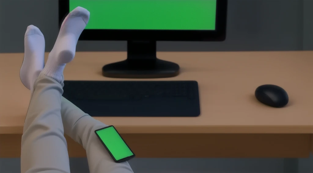 sitting in front of the computer, with cell phone on his leg, wearing only socks, gray body