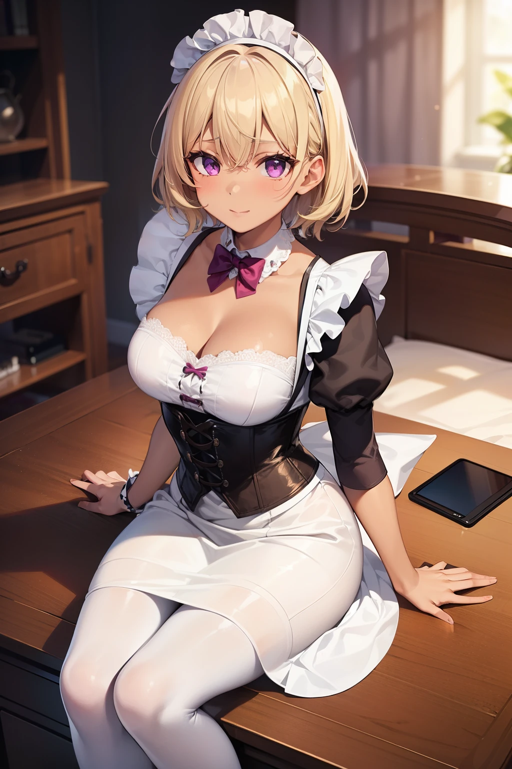 (Tabletop, Highest quality, Super detailed), One Girl, Purple eyes, Blonde Hair, Dark Skin, Short Hair、Perm Hair、((White Pantyhose))、(Bedroom)、((Maid clothes))、Long skirt、corset