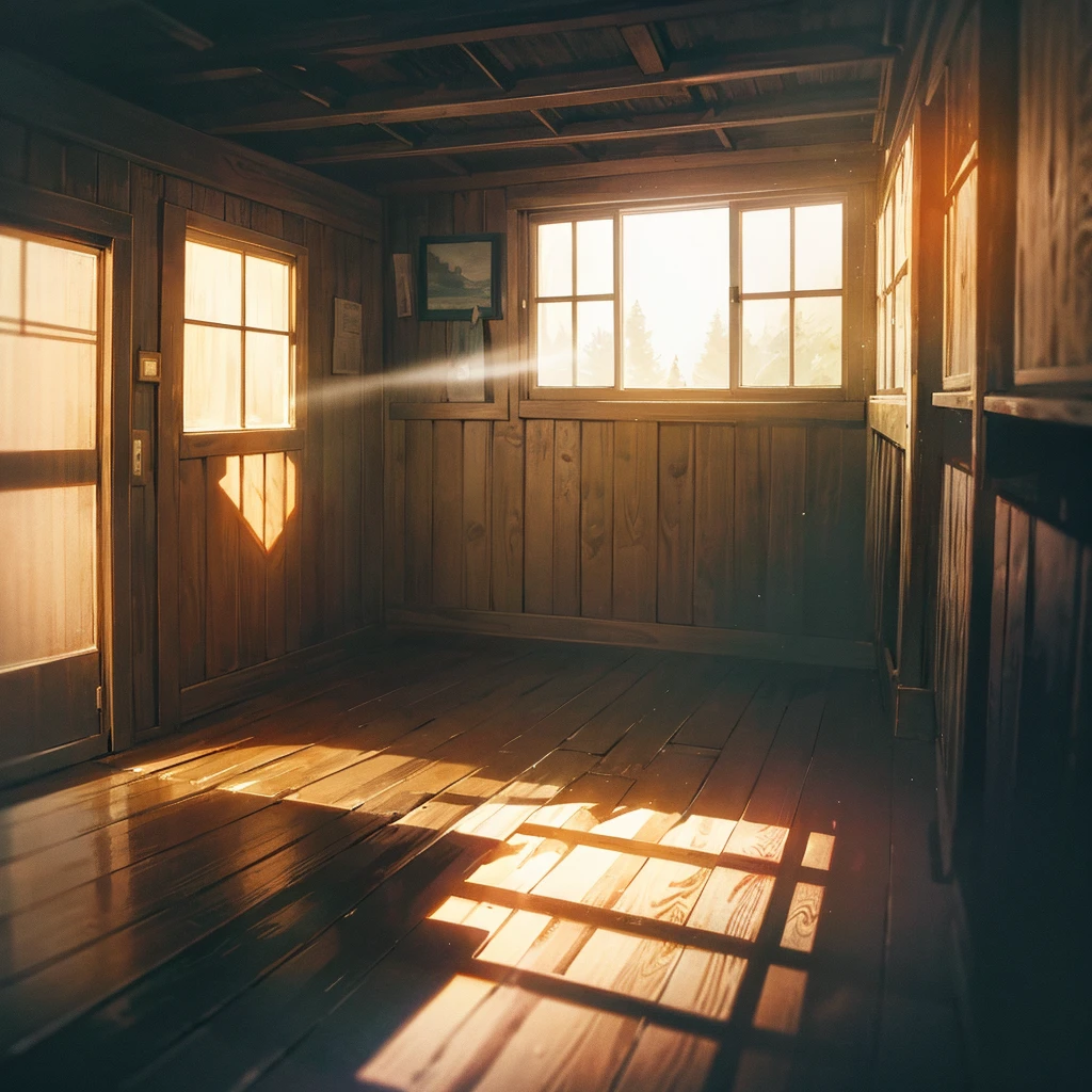 The cabin illuminated by a dim light, with long shadows that suggest tension and fear.