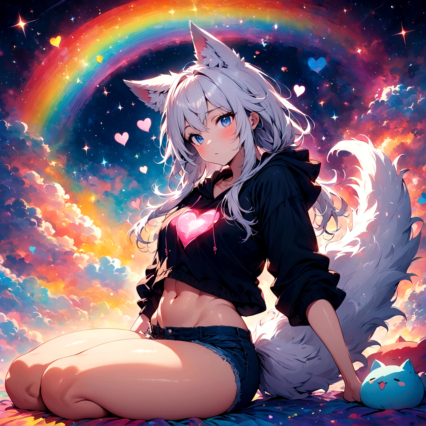 a cute adult male with wolf ears, long white hair, long locks, has a wolf tail, wearing a loose cropped oversized black hoodie, wearing a pair of denim short shorts and fishnet stockings, thick thighs, wide ????, relaxing on mound of fluffy multi colored kawaii plushies, short, very slim, showing slender tummy, heart on hoodie, squishy thighs, has glowing blue eyes. alone, solo (ALONE)(SOLO), surrounded by rainbows, colorful galaxy backround