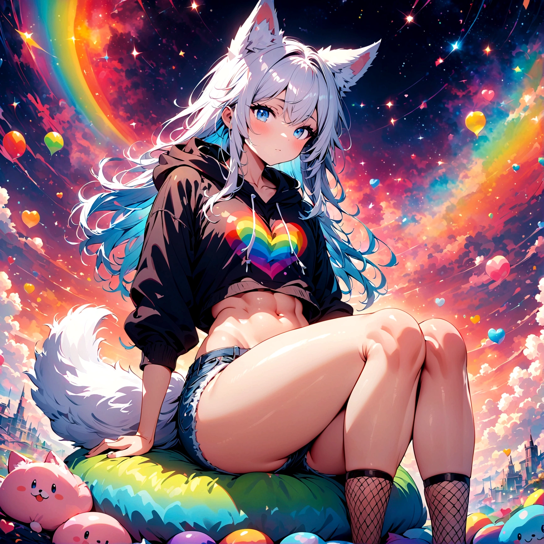a cute adult male with wolf ears, long white hair, long locks, has a wolf tail, wearing a loose cropped oversized black hoodie, wearing a pair of denim short shorts and fishnet stockings, thick thighs, wide hips, relaxing on mound of fluffy multi colored kawaii plushies, short, very slim, showing slender tummy, heart on hoodie, squishy thighs, has glowing blue eyes. alone, solo (ALONE)(SOLO), surrounded by rainbows, colorful galaxy backround