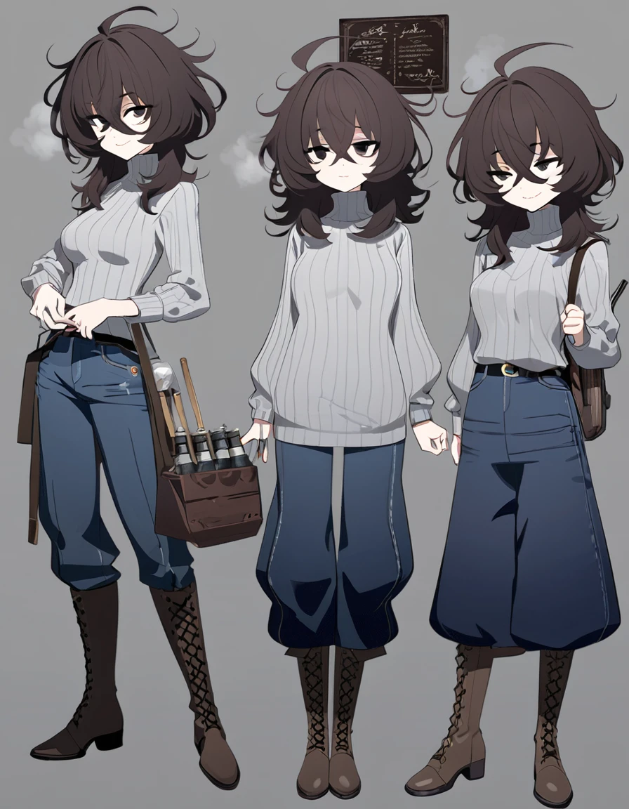 One Woman,Downer,older sister,Concept Art,Dark brown hair,Straight hair with slight inward curls,Staring eyes,Eye Ridge,black eye,Crossed bangs,whole body,smile,Slightly larger breasts,Gray background,Bangs that reach down to the eyes,Messy hair,Tight dark jeans,Gray turtleneck sweater,Multiple views of the same character,Character Design,Dark circles under the eyes,Bad look,Listless,Sloppy,Silver Jewelry,Cafe staff,Holding a cigarette,whole bodyCharacter Design,Detailed hands,Height: 170cm,boots,fleshy,