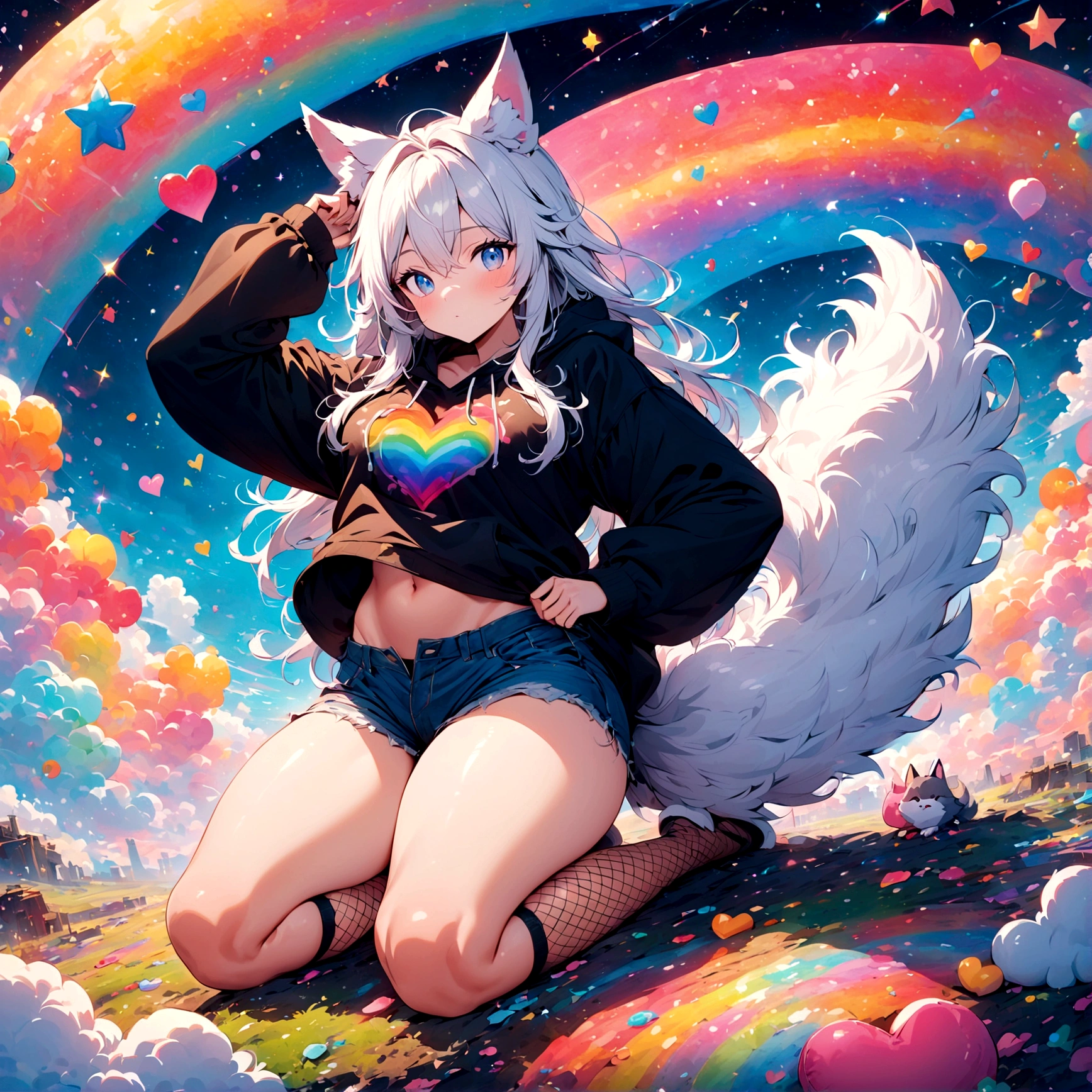 a cute adult male with wolf ears, long white hair, long locks, has a wolf tail, wearing a loose cropped oversized black hoodie, wearing a pair of denim short shorts and fishnet stockings, thick thighs, wide hips, relaxing on mound of fluffy multi colored kawaii plushies, short, very slim, showing slender tummy, heart on hoodie, squishy thighs, has glowing blue eyes. alone, solo (ALONE)(SOLO), surrounded by rainbows, colorful galaxy backround