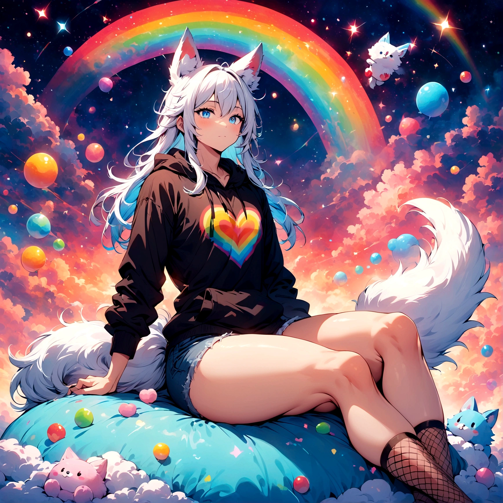 a cute adult male with wolf ears, long white hair, long locks, has a wolf tail, wearing a loose cropped oversized black hoodie, wearing a pair of denim short shorts and fishnet stockings, thick thighs, wide hips, relaxing on mound of fluffy multi colored kawaii plushies, short, very slim, showing slender tummy, heart on hoodie, squishy thighs, has glowing blue eyes. alone, solo (ALONE)(SOLO), surrounded by rainbows, colorful galaxy backround