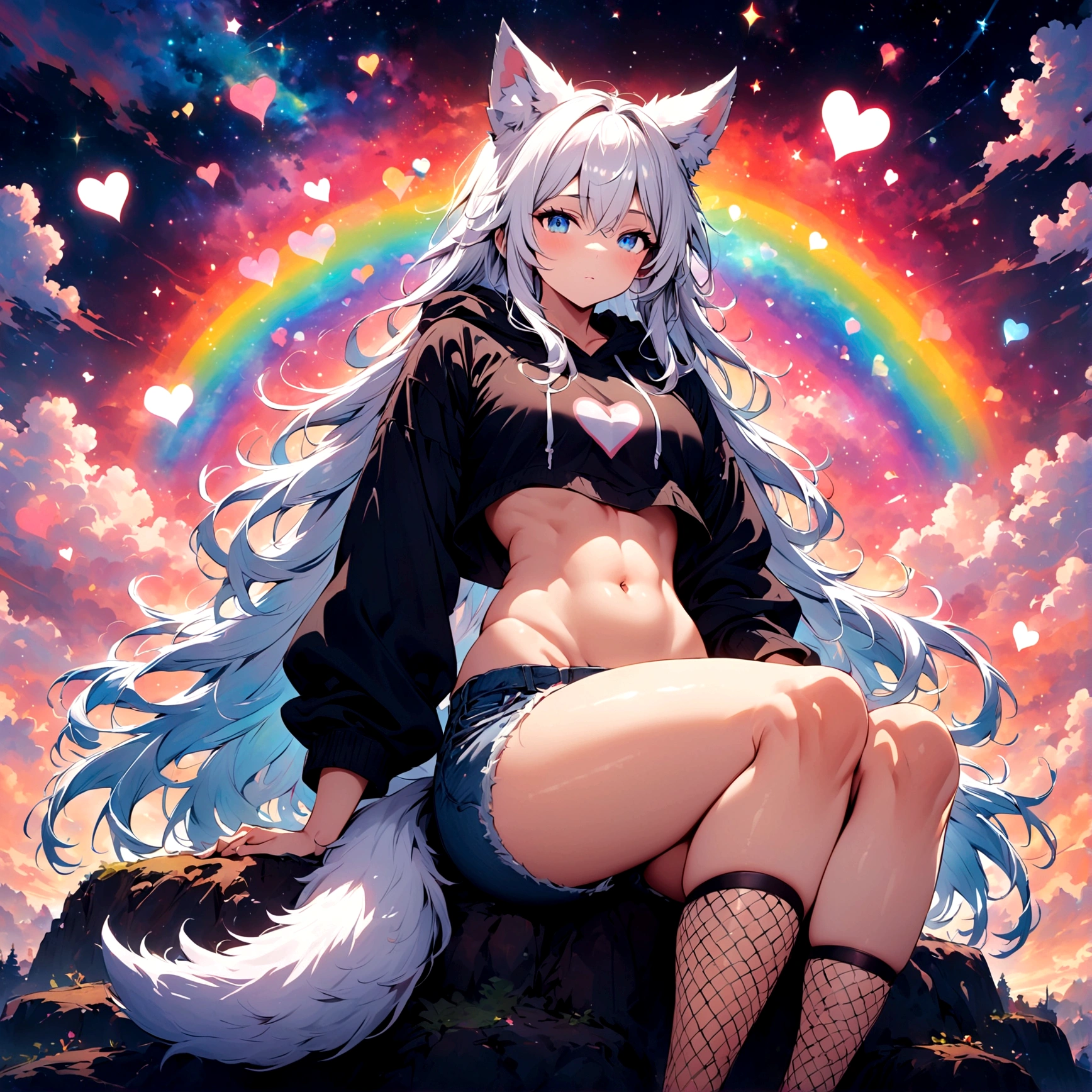 a cute adult male with wolf ears, long white hair, long locks, has a wolf tail, wearing a loose cropped oversized black hoodie, wearing a pair of denim short shorts and fishnet stockings, thick thighs, wide hips, relaxing on mound of fluffy multi colored kawaii plushies, short, very slim, showing slender tummy, heart on hoodie, squishy thighs, has glowing blue eyes. alone, solo (ALONE)(SOLO), surrounded by rainbows, colorful galaxy backround