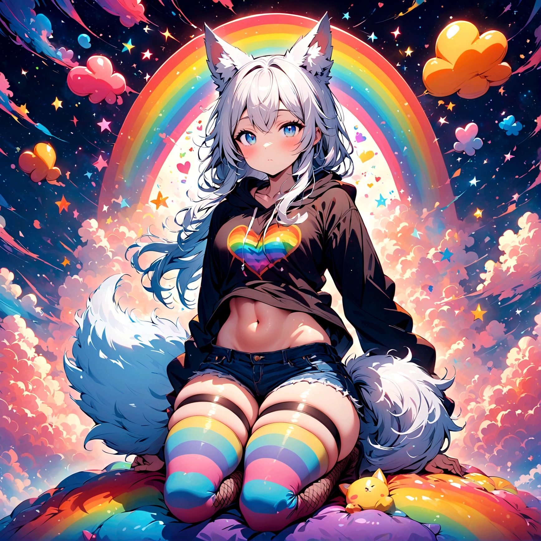 a cute adult male with wolf ears, long white hair, long locks, has a wolf tail, wearing a loose cropped oversized black hoodie, wearing a pair of denim short shorts and fishnet stockings, thick thighs, wide hips, relaxing on mound of fluffy multi colored kawaii plushies, short, very slim, showing slender tummy, heart on hoodie, squishy thighs, has glowing blue eyes. alone, solo (ALONE)(SOLO), surrounded by rainbows, colorful galaxy backround