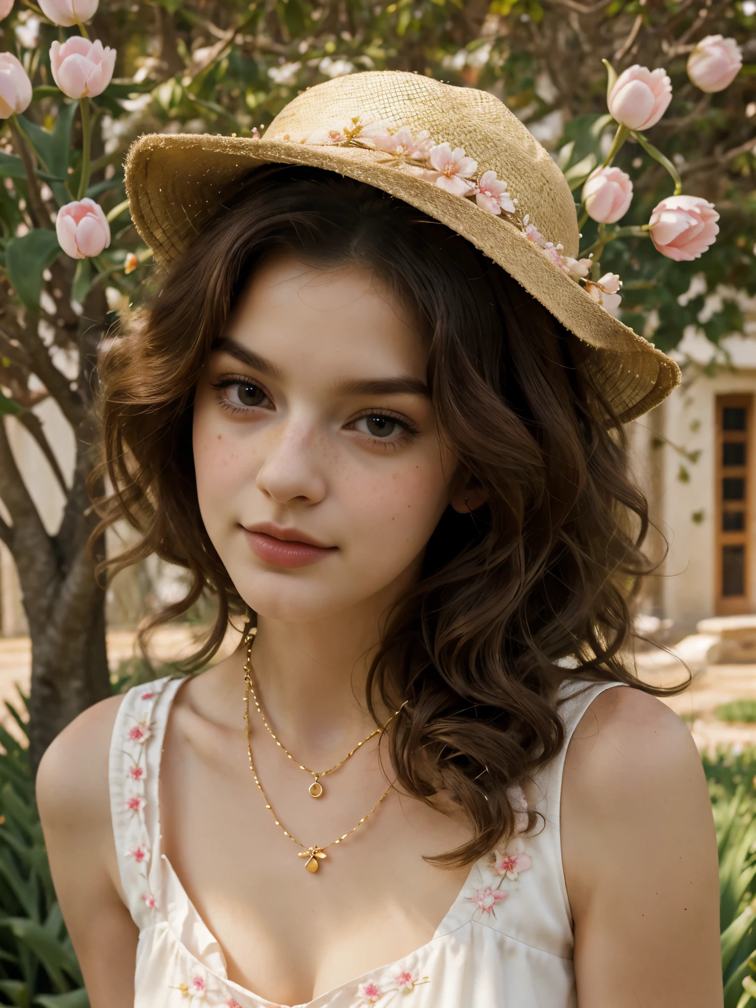 Masterpiece, Best quality, high resolution, realistic , hyperrealism , lifelike photography ,1950s, portrait position, alluring beautiful portrait art, (curly black hair, brown cat-shaped eyes), white skin with freckles, beautiful pink flower hat, beautiful period dress with flower embroidery and details , beautiful golden necklaces & bracelets, elegant bearing, beautiful landscape background of a tulip garden, high budget , beautiful mesmerizing face and small nose, long and curly sparkling hair , hold a beautiful orange stray cat ,
