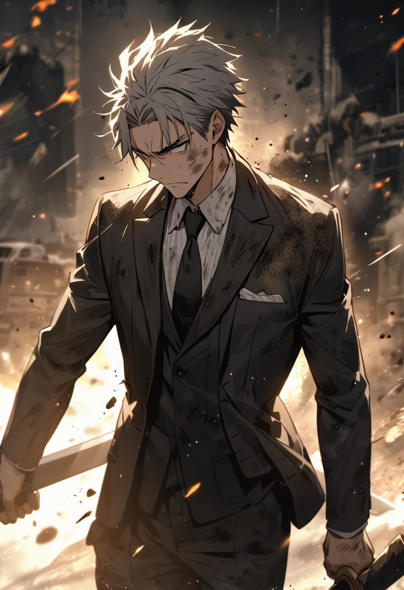 Grey haired man 28 years old Hold a large sword Black suit dirty