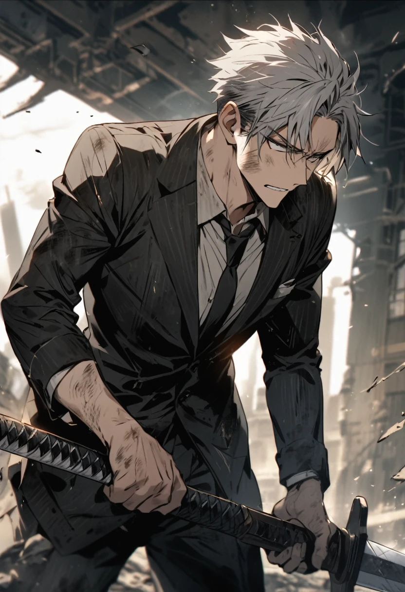 Grey haired man　28 years old　Hold a large sword　Black suit dirty　