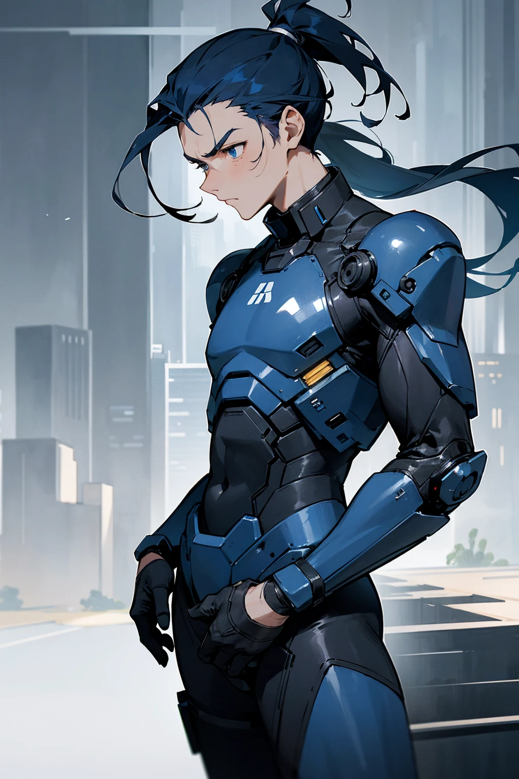 1male, man, dark blue hair, short man ponytail, scruffed hair, deep blue eyes, expressionless, black and white combat suit, city background, detailed background, hands to side, standing on path