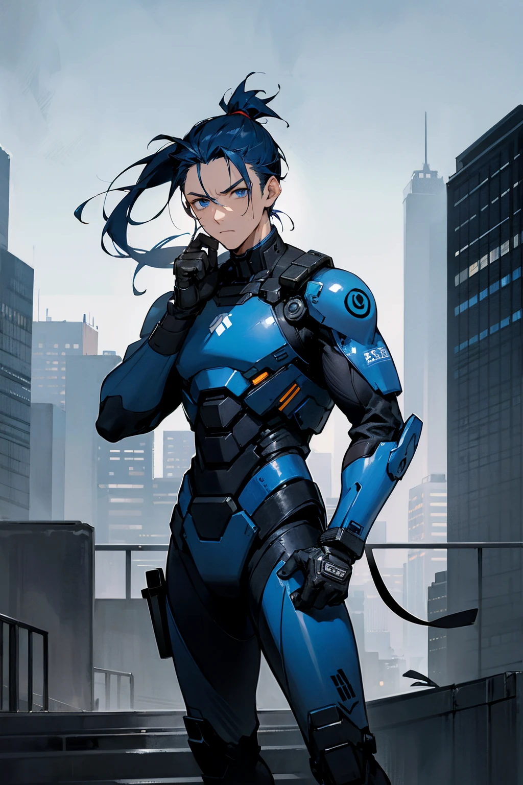 1male, man, dark blue hair, short man ponytail, scruffed hair, deep blue eyes, expressionless, black and white combat suit, city background, detailed background, hands to side, standing on path