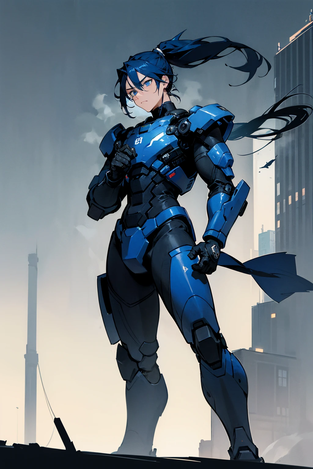 1male, man, dark blue hair, short man ponytail, scruffed hair, deep blue eyes, expressionless, black and white combat suit, city background, detailed background, hands to side, standing on path