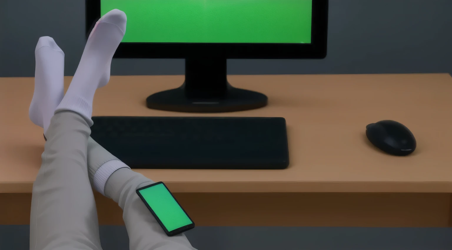 sitting in front of the computer, with cell phone on his leg, wearing only socks