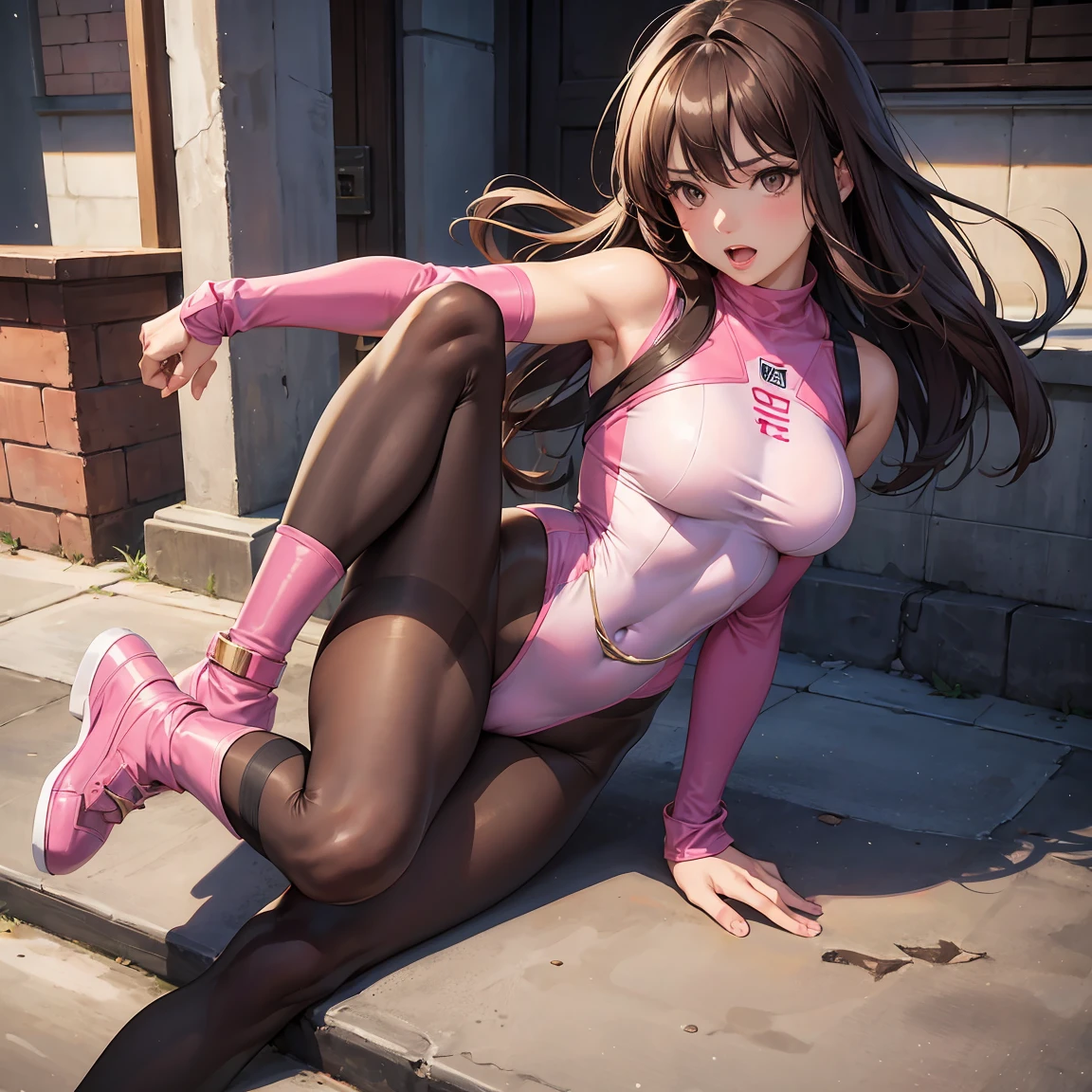 (masterpiece, best quality), realistic, 1 girl, Fair-skinned, (voluptuous:0.6), dark brown hair, brown eyes, from front, Power Ranger, pink clothes, full body tights, in Stocks Pose, Cuffs on Ankles and Wrists, Basement, open mouth, 