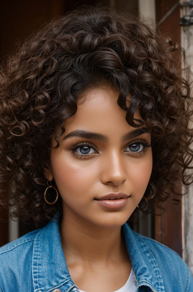25-year-old brown girl with curls, piel morena y ojos azules