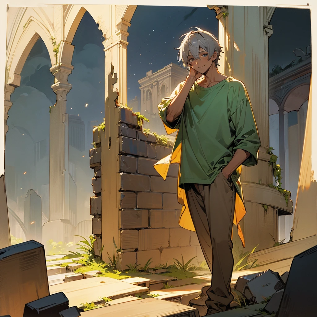 1male, adult, tan skin, finely detailed emerald eyes, straight medium hair, grey hair, casual clothing, standing on ruined building, night time, happy expression