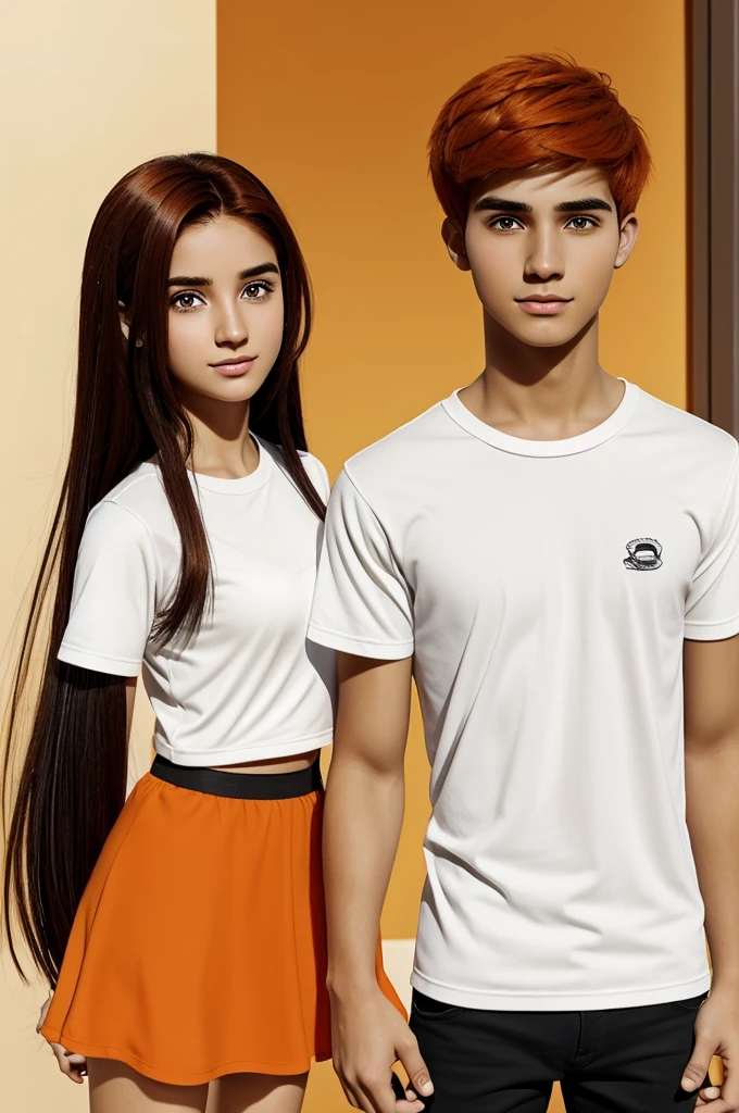 cartoon characters of a 20 year old girl with orange hair, long and brown eyes, cejas gruesas, white skin and a 20-year-old boy with black hair and brown eyes and white skin, ropa negra