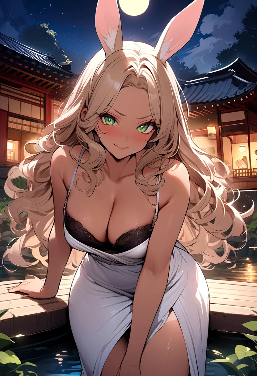 ((masterpiece)), ((best quality)), (ultra-detailed), ((extremely detailed)), 4K, (8K), best quality, (beautiful), A pretty woman with a dark skin, solo, (dark skin:0.8) ,beautiful light brown hair, light brown skin, beautiful green eyes, ((beautiful eyes)), triumphant look, smug look, self-satisfied look ,Masterpiece、White dress、Highest quality、brown Bunny ears、Tanned woman with big 、light brown hair color, forehead Long curlyWavy Hair、White shirt、Black Bra、Black panties、Hot spring inn、a bright moon shines over beautiful scenery of garden and river in night time, moon, architecture, tree, east asian architecture, full moon, scenery, night, cloud, sky、Lots of rabbits