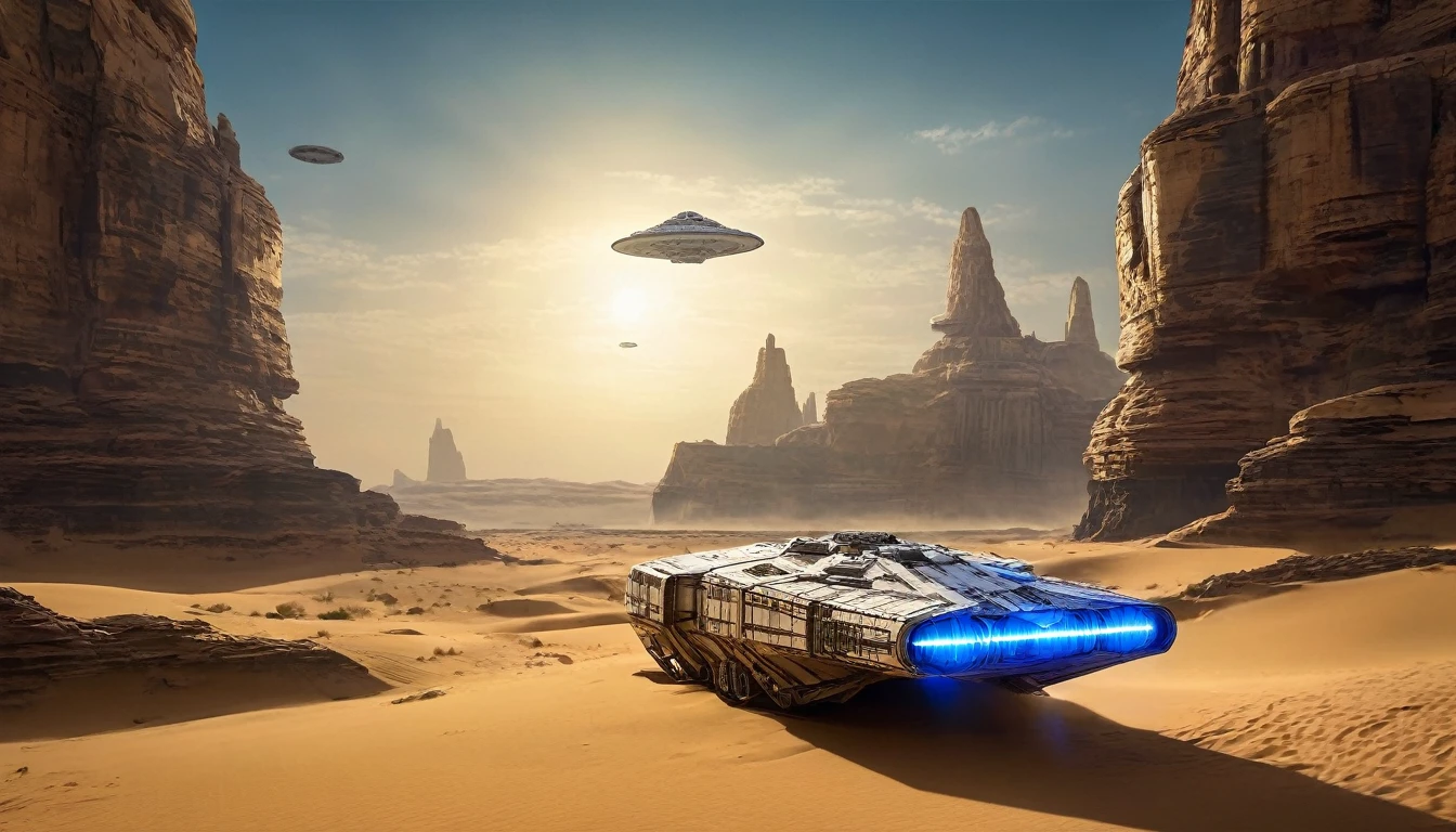 “In a desert landscape beneath a vast sky, towering rock formations rise. The iconic Star Wars Millennium Falcon flies overhead. In the foreground, a large, futuristic bus-like vehicle is parked on the sandy terrain. Saturn-like rings adorn the sky, adding a surreal touch. Include the ‘Star Wars,Camera angle: The camera is positioned at a slightly upward angle, capturing the grandeur of the rock formations and the vastness of the sky. Lighting: The sun is setting, creating warm, golden light that bathes the landscape. Shadows cast by the rocks are elongated. Millennium Falcon details: The Millennium Falcon is flying toward the horizon, with its rear thrusters emitting a characteristic blue glow. Details like laser cannons and the ship’s panels should be visible. Futuristic vehicle: The vehicle parked in the foreground has large windows and an aerodynamic design. It may have retractable wheels or float slightly above the ground. Saturn-like rings: The translucent rings resembling those of Saturn extend across the sky, creating a magical effect. Sand texture: The desert sand has a granulated texture, with small dunes formed by the wind.hyper realistic composition,32k resolution,cinematic composition,cinematic color grading.photography whit Phaseone 35mm.