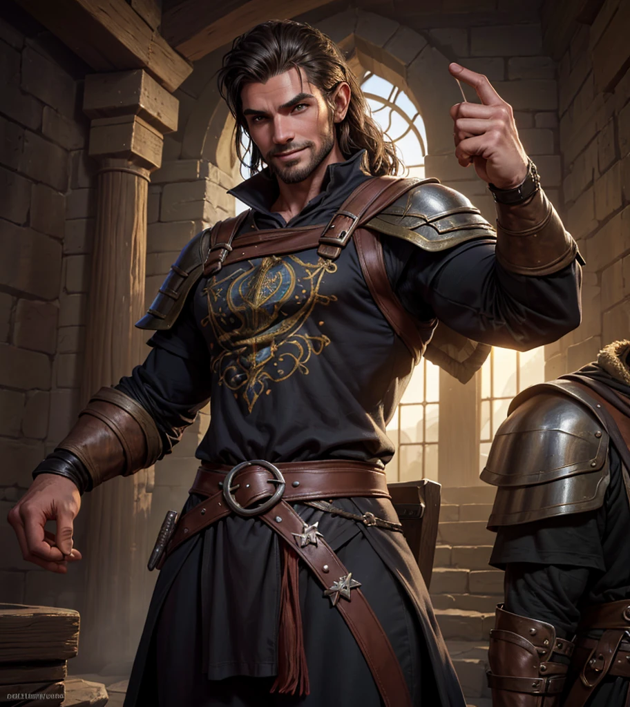(((Solo character image.))) (((Generate a single character image.))) (((Dressed in medieval fantasy attire.))) (((Looks like a cute male model.))) Looks like a male rogue for Dungeons & Dragons. (((Looks very tough, muscular and intimidating.))) Looks like an underworld criminal boss in a medieval fantasy setting. Looks charming but sinister. Looks like a schemer and a manipulator. Looks like a criminal mastermind in a medieval fantasy setting. Looks like a sexy and seductive con man. Looks like a sexually attractive man. Masterpiece, male, (((intimidating smile))), (((charismatic))), (((expensive medieval fantasy clothing))), roguish good looks, (((very hot guy))), (((gorgeous face))), (((expensive clothing))), (((sexy hair))), (((sexy shirt))), (((sexy body))), (((Medieval clothing))), (((male in his early 20's))), youthful, sexy, seductive, athletic, dangerous, (((ladies’ man))), detailed and intricate, character portrait, athletic, fantasy art, fantasy setting, dungeons & dragons, pathfinder, skyrim, fantasy adventurer, fantasy NPC, game of thrones, art style by j scott Campbell, ultra detailed hands, epic masterpiece, intricate details, hyperdetailed hands, award winning, fantasy art concept, trending on Artstation, digital art, 8k, ultra HD, centered image