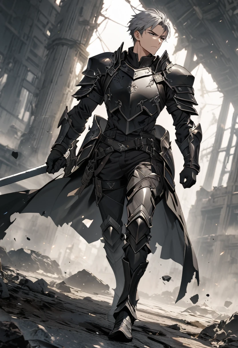 Grey haired man　28 years old　Wield a sword　Broken Black Full Body Armor　