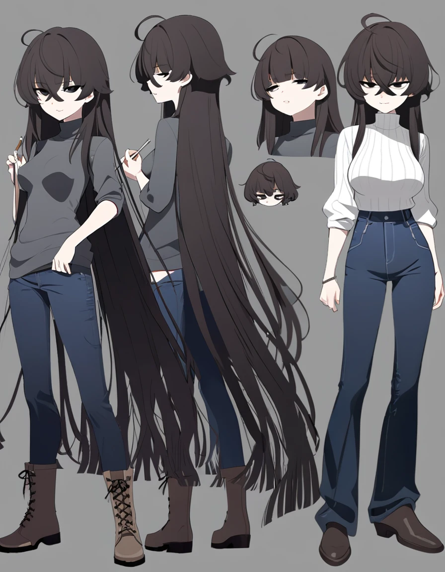 One Woman,Downer,older sister,Concept Art,Dark brown hair,Straight hair with slight inward curls,Staring eyes,Eye Ridge,black eye,Crossed bangs,whole body,smile,Slightly larger breasts,Gray background,Bangs that reach down to the eyes,Messy hair,Tight dark jeans,Gray turtleneck sweater,Multiple views of the same character,Character Design,Dark circles under the eyes,Bad look,Listless,Sloppy,Silver Jewelry,Cafe staff,Holding a cigarette,whole bodyCharacter Design,Detailed hands,Height: 170cm,boots,fleshy,