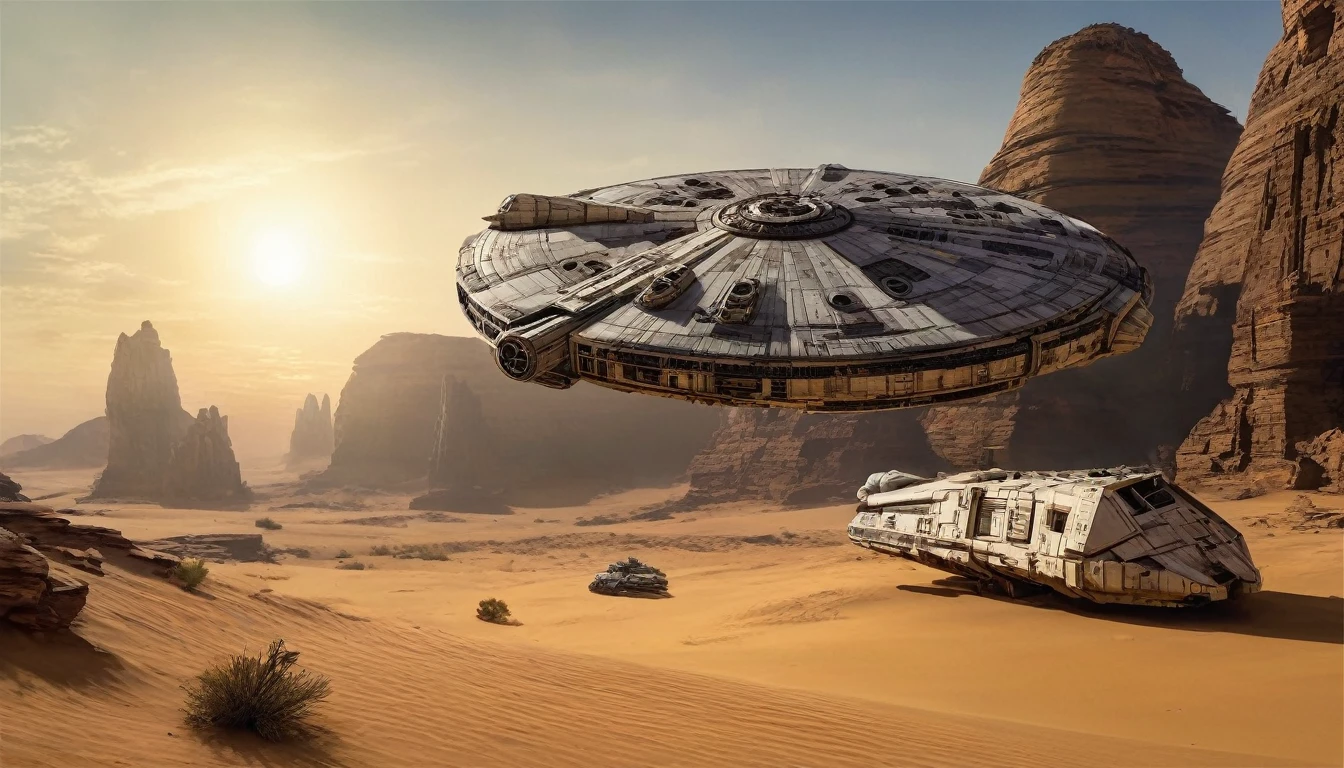 “In a desert landscape beneath a vast sky, towering rock formations rise. The iconic Star Wars Millennium Falcon flies overhead. In the foreground, a large, futuristic bus-like vehicle is parked on the sandy terrain. Saturn-like rings adorn the sky, adding a surreal touch. Include the ‘Star Wars,Camera angle: The camera is positioned at a slightly upward angle, capturing the grandeur of the rock formations and the vastness of the sky. Lighting: The sun is setting, creating warm, golden light that bathes the landscape. Shadows cast by the rocks are elongated. Millennium Falcon details: The Millennium Falcon is flying toward the horizon, with its rear thrusters emitting a characteristic blue glow. Details like laser cannons and the ship’s panels should be visible. Futuristic vehicle: The vehicle parked in the foreground has large windows and an aerodynamic design. It may have retractable wheels or float slightly above the ground. Saturn-like rings: The translucent rings resembling those of Saturn extend across the sky, creating a magical effect. Sand texture: The desert sand has a granulated texture, with small dunes formed by the wind.hyper realistic composition,32k resolution,cinematic composition,cinematic color grading.photography whit Phaseone 35mm,death of field lens.