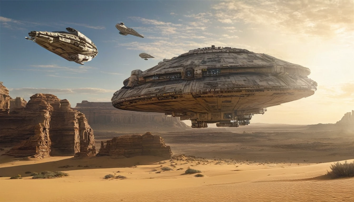 “In a desert landscape beneath a vast sky, towering rock formations rise. The iconic Star Wars Millennium Falcon flies overhead. In the foreground, a large, futuristic bus-like vehicle is parked on the sandy terrain. Saturn-like rings adorn the sky, adding a surreal touch. Include the ‘Star Wars,Camera angle: The camera is positioned at a slightly upward angle, capturing the grandeur of the rock formations and the vastness of the sky. Lighting: The sun is setting, creating warm, golden light that bathes the landscape. Shadows cast by the rocks are elongated. Millennium Falcon details: The Millennium Falcon is flying toward the horizon, with its rear thrusters emitting a characteristic blue glow. Details like laser cannons and the ship’s panels should be visible. Futuristic vehicle: The vehicle parked in the foreground has large windows and an aerodynamic design. It may have retractable wheels or float slightly above the ground. Saturn-like rings: The translucent rings resembling those of Saturn extend across the sky, creating a magical effect. Sand texture: The desert sand has a granulated texture, with small dunes formed by the wind.hyper realistic composition,32k resolution,cinematic composition,cinematic color grading.photography whit Phaseone 35mm,death of field lens.
