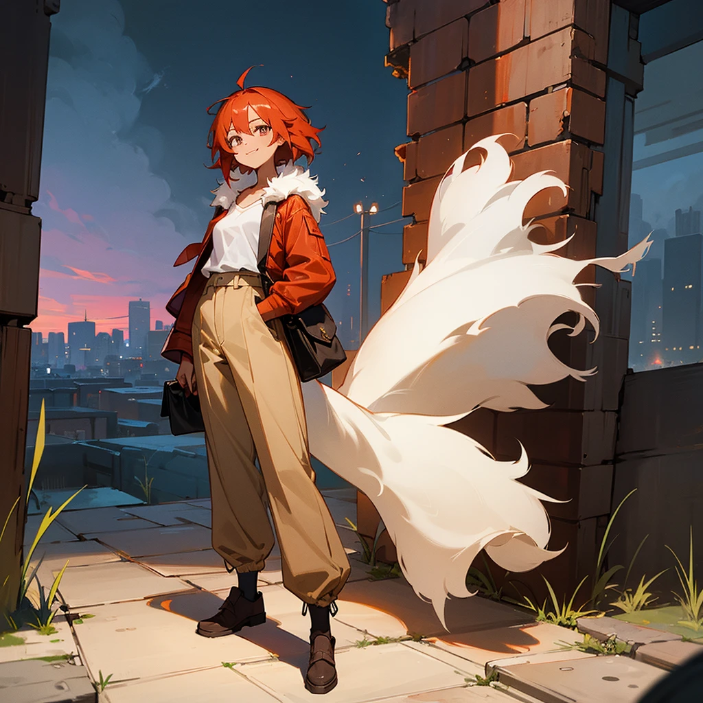 1female, young adult, tan skin, finely detailed ember eyes, straight medium hair, red hair, baggy pants, casual clothing, fur jacket, purse, standing on ruined building, night time, happy expression