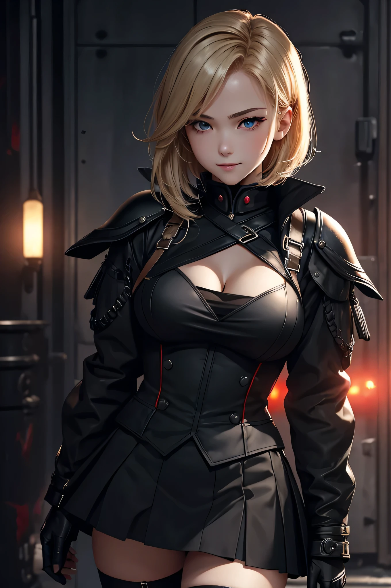 1girl, lingerie,  top-quality、ultra-detailliert、Very delicate、lighting like a movie、Unique lighting effects、
Beautiful 20 year old woman(Casual pose) 、short blond hair、verd s eyes、Cold eyes、Scars of battle、blood stain、Tall and strong、sexy, dominant, wicked smile,cleavage.
beautiful、Black clothes、Black uniform、military outfits、open Black jacket、red lingerie, short black skirt, stockings、Black Rider Gloves、armour.
The urban area of the future、Military schools、Armored car in the back、Serious look、 Strong、Dynamic action, fascist world